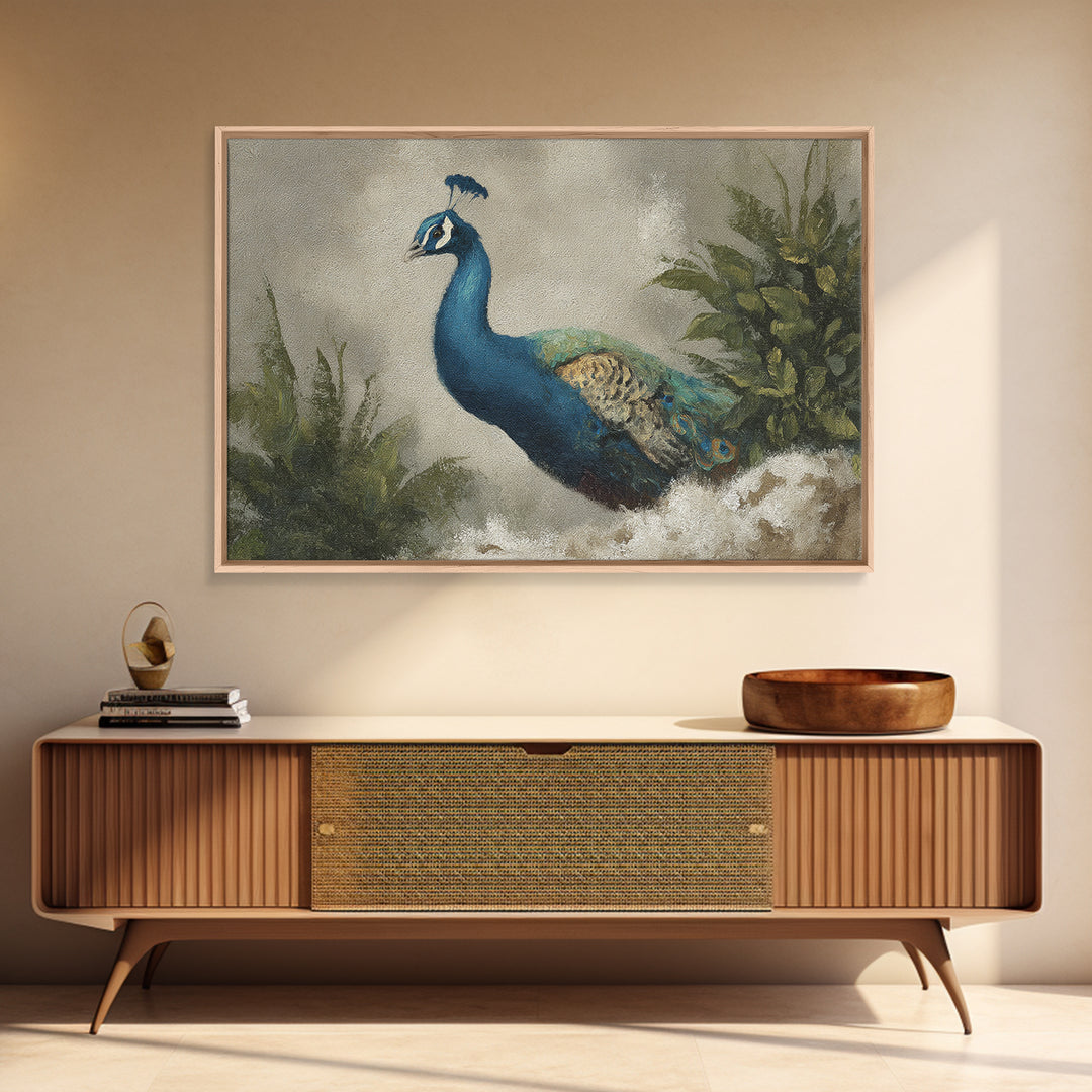 Peacock with Jewel Tone Feather Pattern Framed Canvas Print, Bird Art, Nature Wall Art, Living Room Decor, Fine Art, Flight, BIR-3x2-35