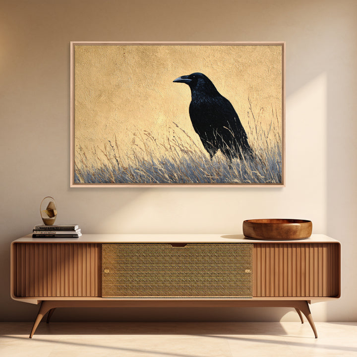 Raven Silhouette with Gothic Atmosphere Canvas Print, Bird Art, Mid Century Wall Art, Living Room Decor, Oil Painting, Flight, BIR-3x2-37