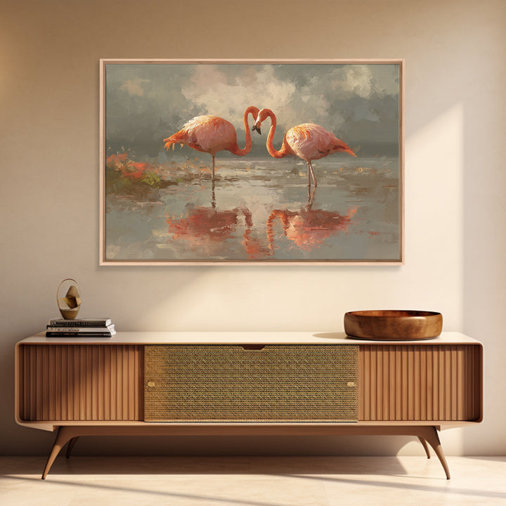 Flamingo Pair in Coral Water Reflections Canvas Print, Bird Art, Japanese Wall Art, Living Room Decor, Fine Art, Flight, BIR-3x2-38