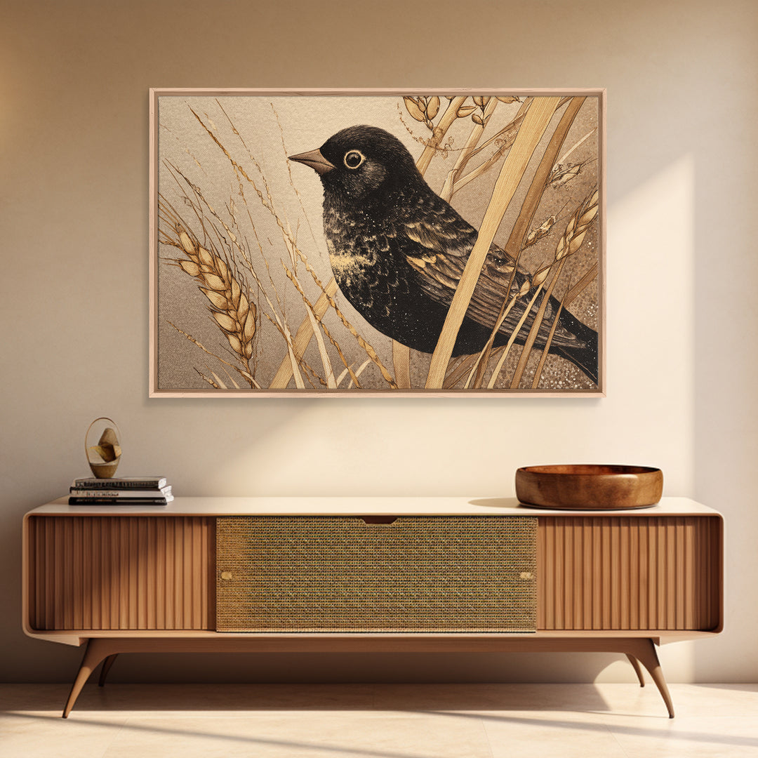 Blackbird on Gold Wheat Field Canvas Print, Bird Art, Mid Century Modern, Living Room Decor, Oil Painting, Flight, BIR-3x2-4