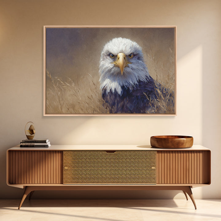 Eagle Portrait with Dramatic Mountain Wind Framed Canvas Print, Bird Art, Mcm Decor, Living Room Decor, Oil Painting, Flight, BIR-3x2-40