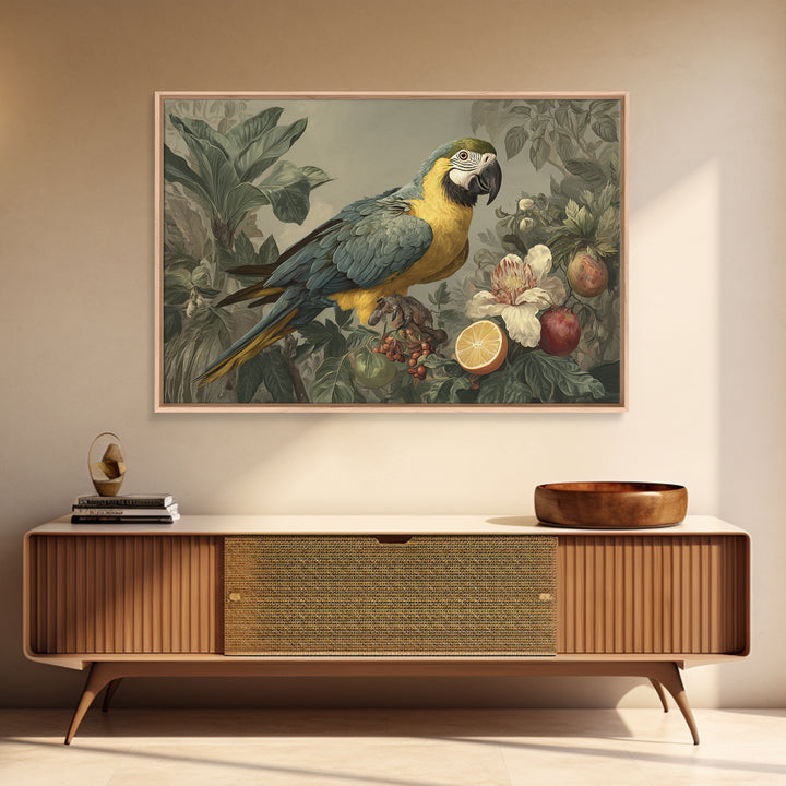Parrot Among Tropical Leaves and Fruit Framed Canvas Print, Bird Art, Digital Download Art, Living Room Decor, Watercolor Art, BIR-3x2-41