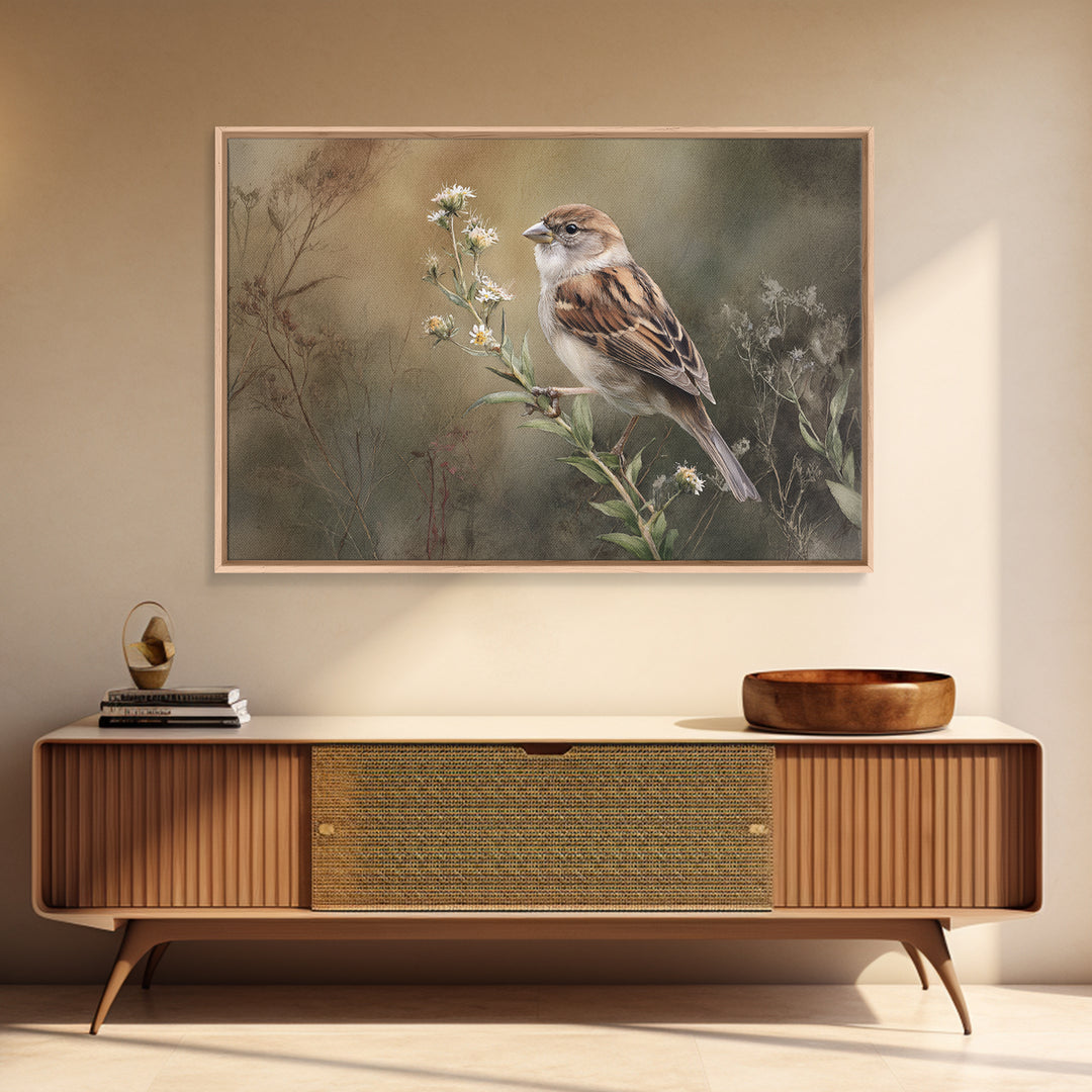 Small Sparrow on Wildflower Stem Canvas Print, Bird Art, Modern Wall Art, Living Room Decor, Watercolor Art, Flight, BIR-3x2-42