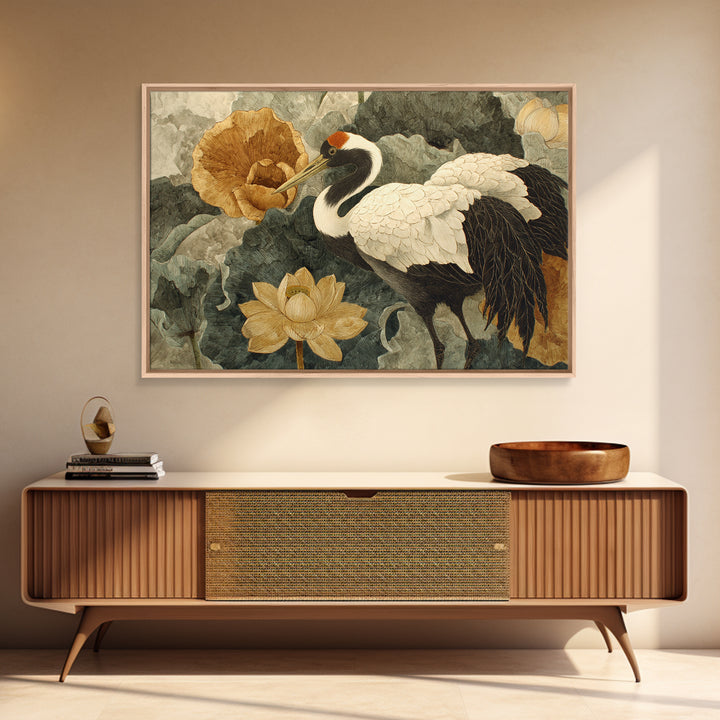 Crane and Lotus Composition Framed Canvas Print, Bird Art, Nature Prints, Living Room Decor, Fine Art, Flight, Boho Decor, BIR-3x2-45