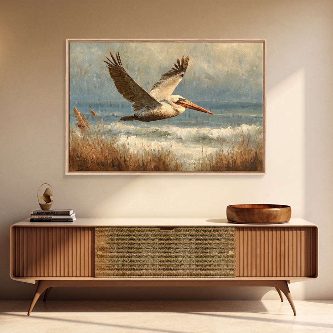 Pelican Flying over Coastal Waves Framed Canvas Print, Bird Art, Boho Wall Decor, Living Room Decor, Fine Art, Flight, BIR-3x2-46