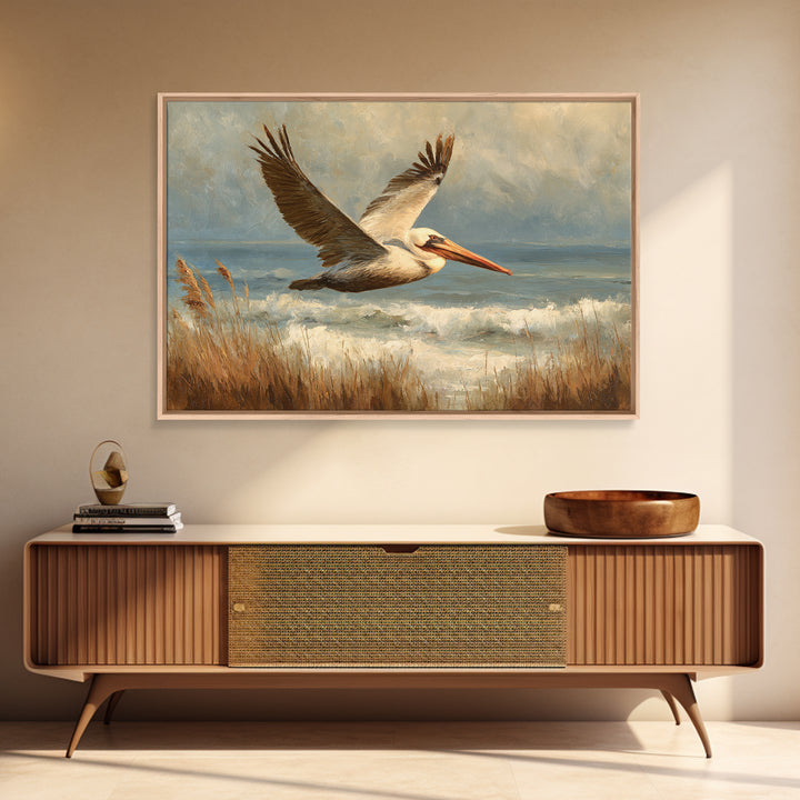 Pelican Flying over Coastal Waves Framed Canvas Print, Bird Art, Boho Wall Decor, Living Room Decor, Fine Art, Flight, BIR-3x2-46