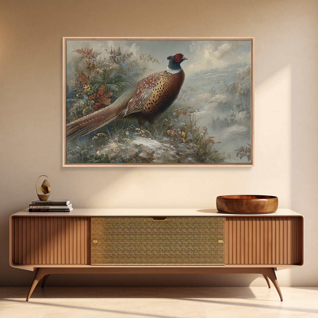 Pheasant with Ornate Feather Details Framed Canvas Print, Bird Art, Room Decor, Living Room Decor, Oil Painting, Flight, BIR-3x2-47