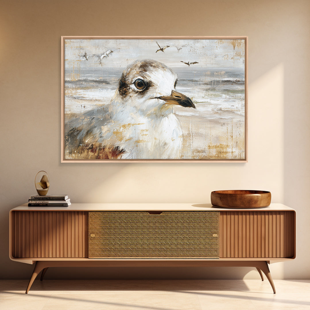 Seagulls Above a Pale Beach Horizon Canvas Print, Bird Art, Mid Century Wall Art, Living Room Decor, Fine Art, Flight, BIR-3x2-48