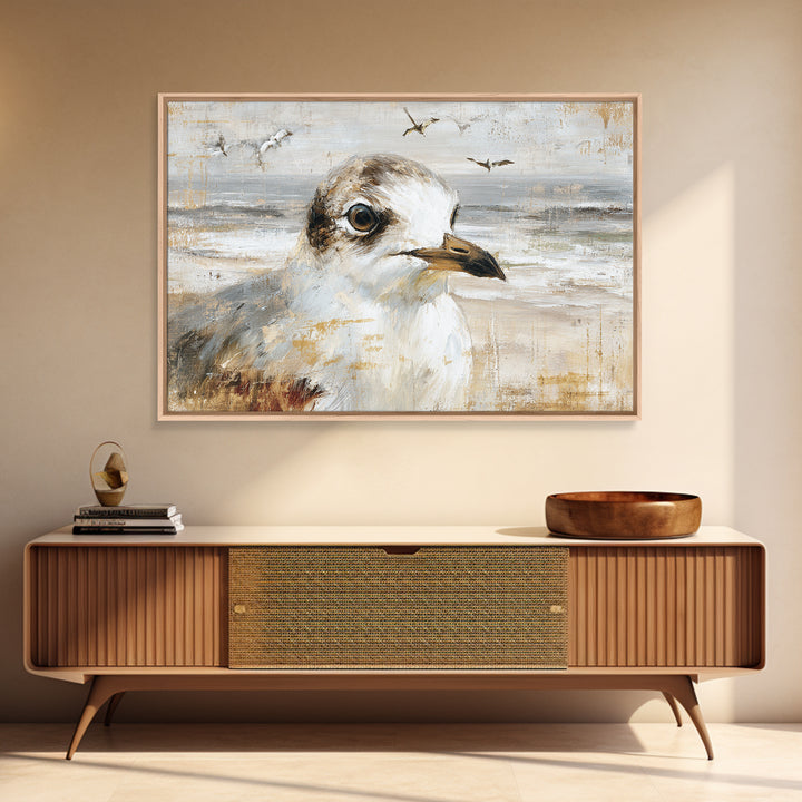 Seagulls Above a Pale Beach Horizon Canvas Print, Bird Art, Mid Century Wall Art, Living Room Decor, Fine Art, Flight, BIR-3x2-48