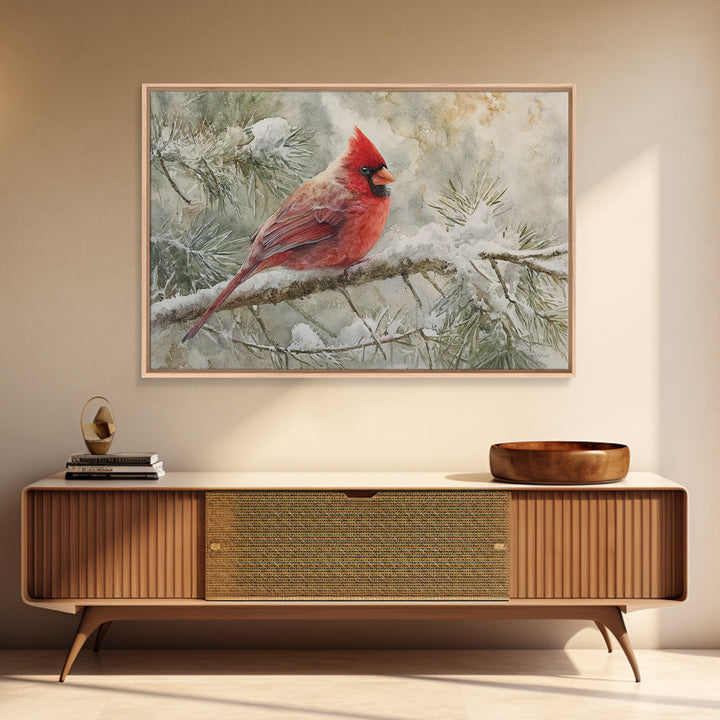 Red Cardinal on Snowy Pine Branch Framed Canvas Print, Bird Art, Mcm Decor, Living Room Decor, Oil Painting, Flight, BIR-3x2-5