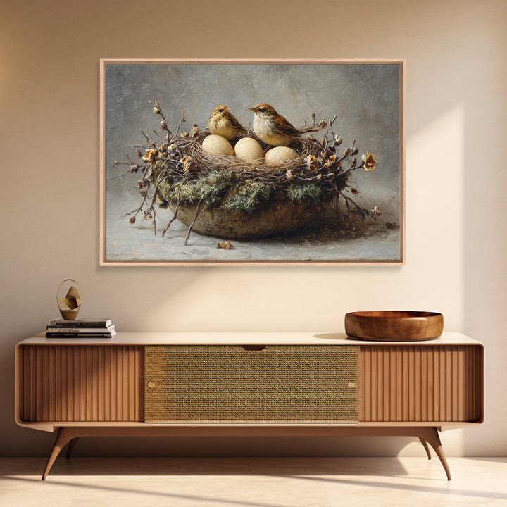 Bird Nest with Eggs and Delicate Twigs Framed Canvas Print, Bird Art, Living Room Decor, Oil Painting, Flight, BIR-3x2-50