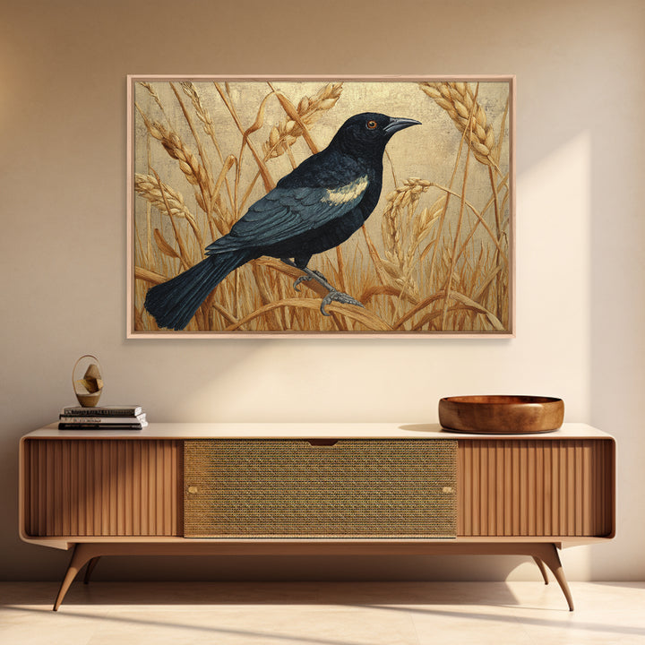 Blackbird on Gold Wheat Field Canvas Print, Bird Art, Modern Art, Living Room Decor, Abstract Art, Flight, Floral Art, BIR-3x2-52