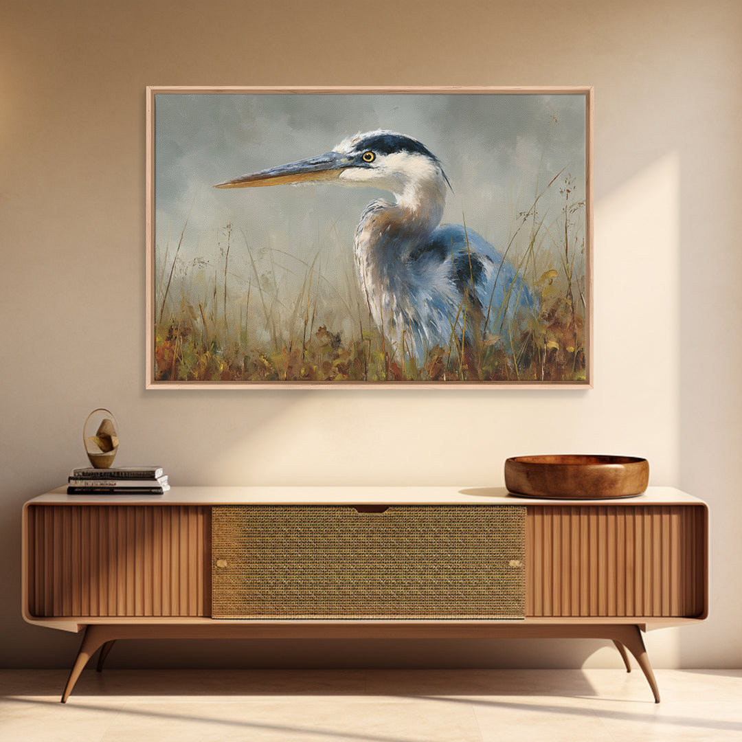 Blue Heron in Misty Marsh Grass Canvas Print, Bird Art, Modern Art, Living Room Decor, Flight, Floral Art, Forest Wall Art, BIR-3x2-54