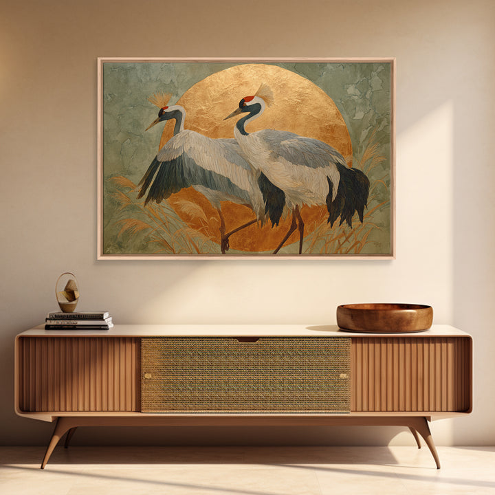 Pair of Cranes Dancing Framed Canvas Print, Bird Art, Digital Prints, Living Room Decor, Oil Painting, Flight, Modern Art, BIR-3x2-55