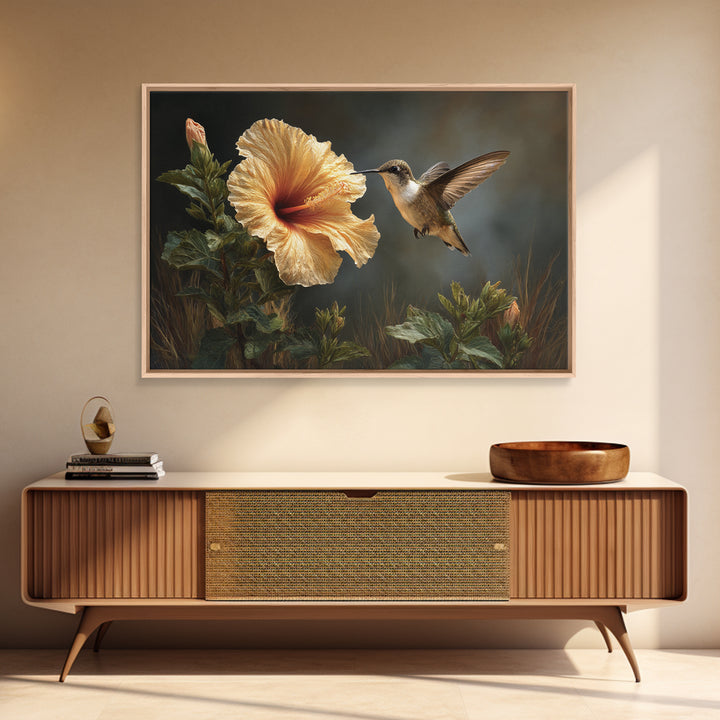 Hummingbird Hovering Beside Bright Hibiscus Canvas Print, Bird Art, Floral Art, Living Room Decor, Fine Art, Flight, BIR-3x2-56
