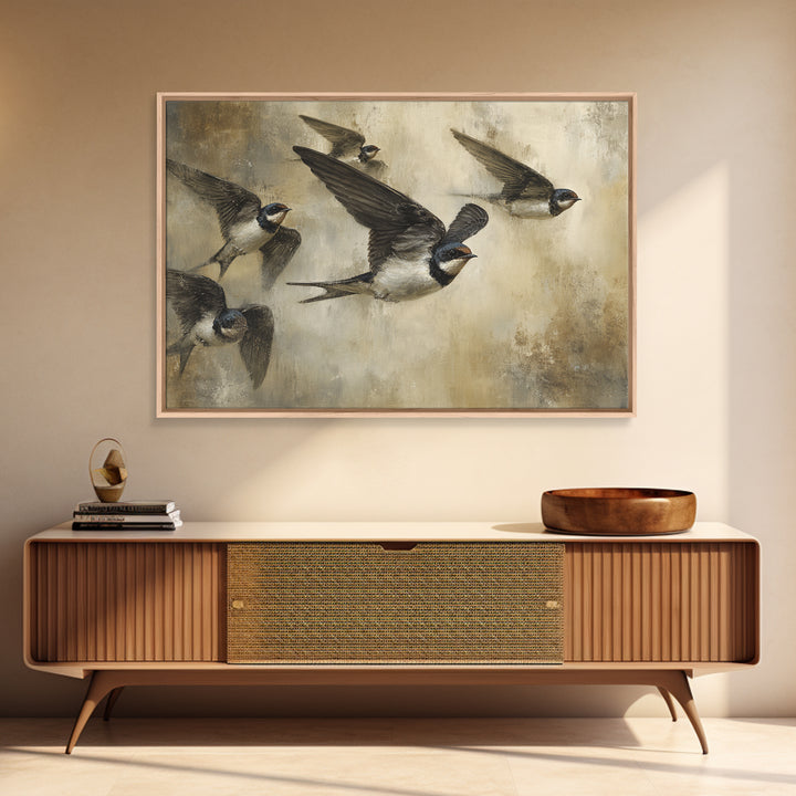 Flock of Swallows Sweeping Across Open Sky Canvas Print, Bird Art, Botanical Wall Art, Living Room Decor, Watercolor Art, BIR-3x2-58