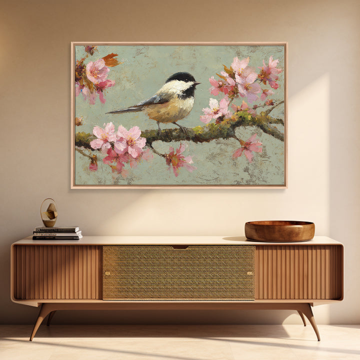 Songbird Perched on Cherry Blossoms Framed Canvas Print, Bird Art, Forest Wall Art, Living Room Decor, Fine Art, Flight, BIR-3x2-60