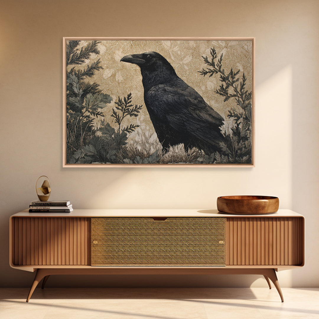 Raven Silhouette with Gothic Atmosphere Canvas Print, Bird Art, Mid Century Wall Art, Living Room Decor, Oil Painting, Flight, BIR-3x2-61