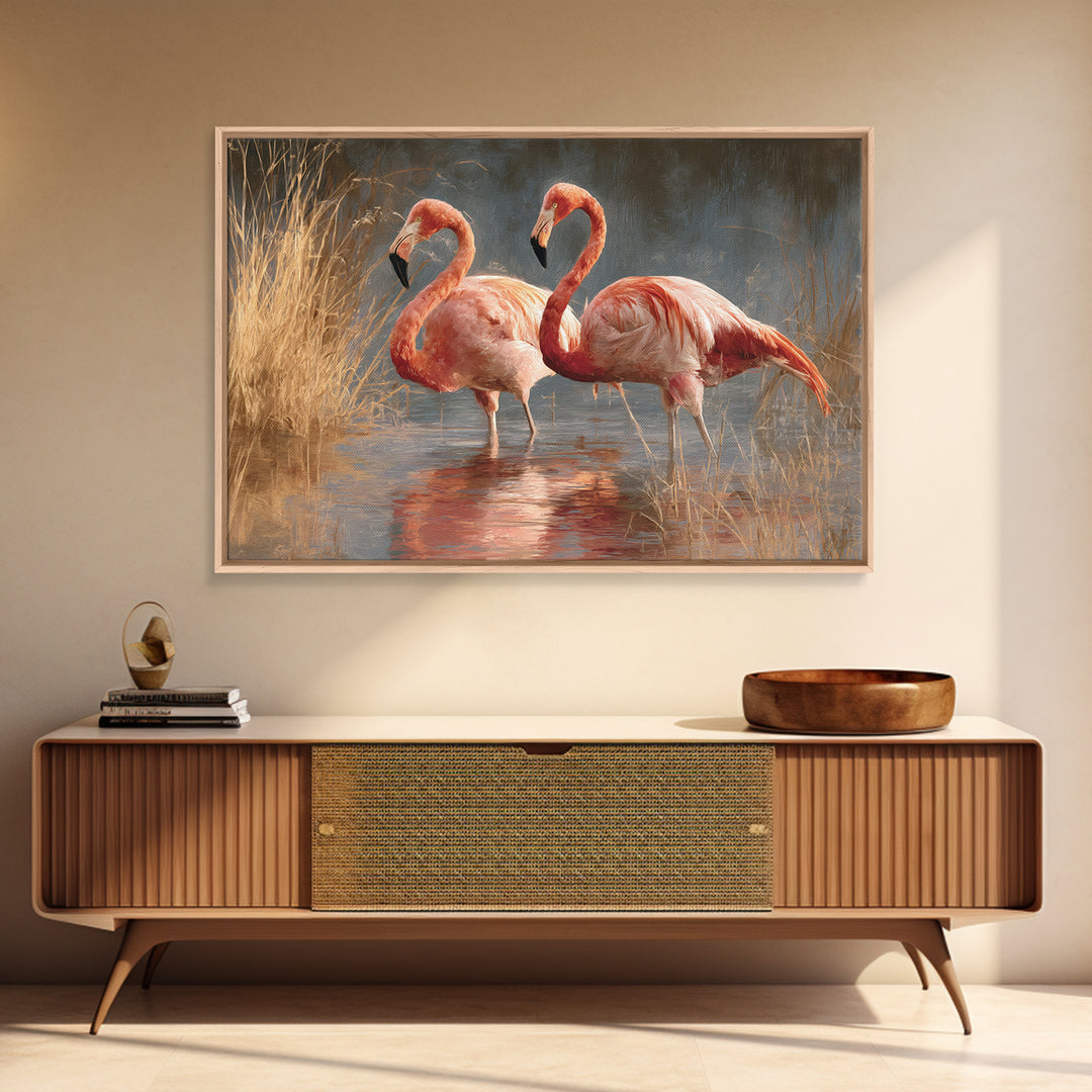 Flamingo Pair in Coral Water Reflections Canvas Print, Bird Art, Japanese Wall Art, Living Room Decor, Fine Art, Flight, BIR-3x2-62