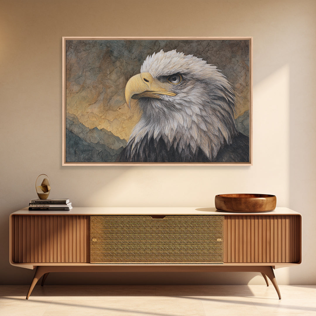 Eagle Portrait with Dramatic Mountain Wind Framed Canvas Print, Bird Art, Gallery Decor, Living Room Decor, Fine Art, Flight, BIR-3x2-64