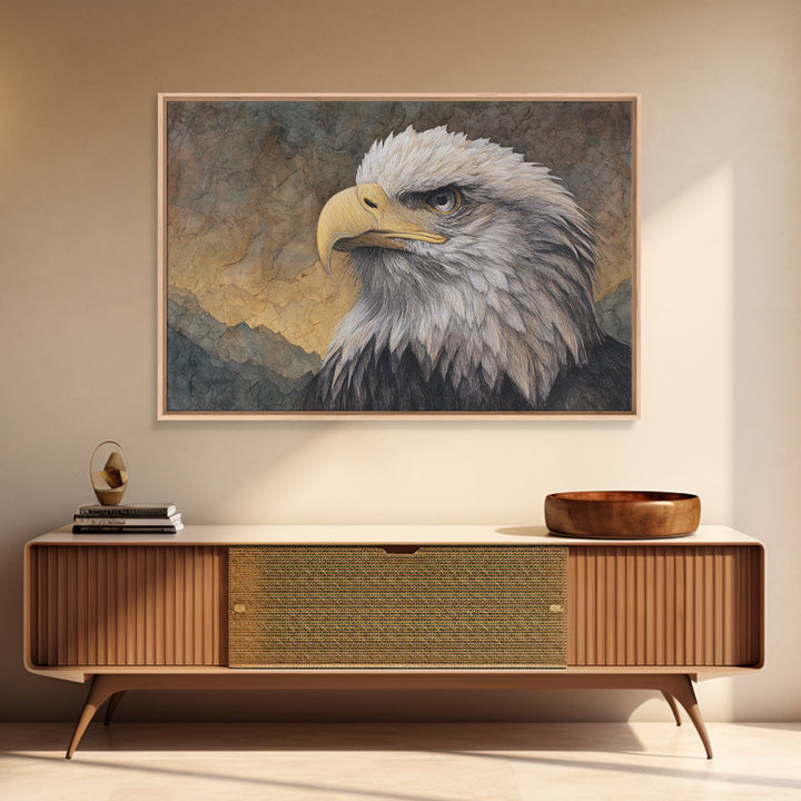 Eagle Portrait with Dramatic Mountain Wind Framed Canvas Print, Bird Art, Gallery Decor, Living Room Decor, Fine Art, Flight, BIR-3x2-64