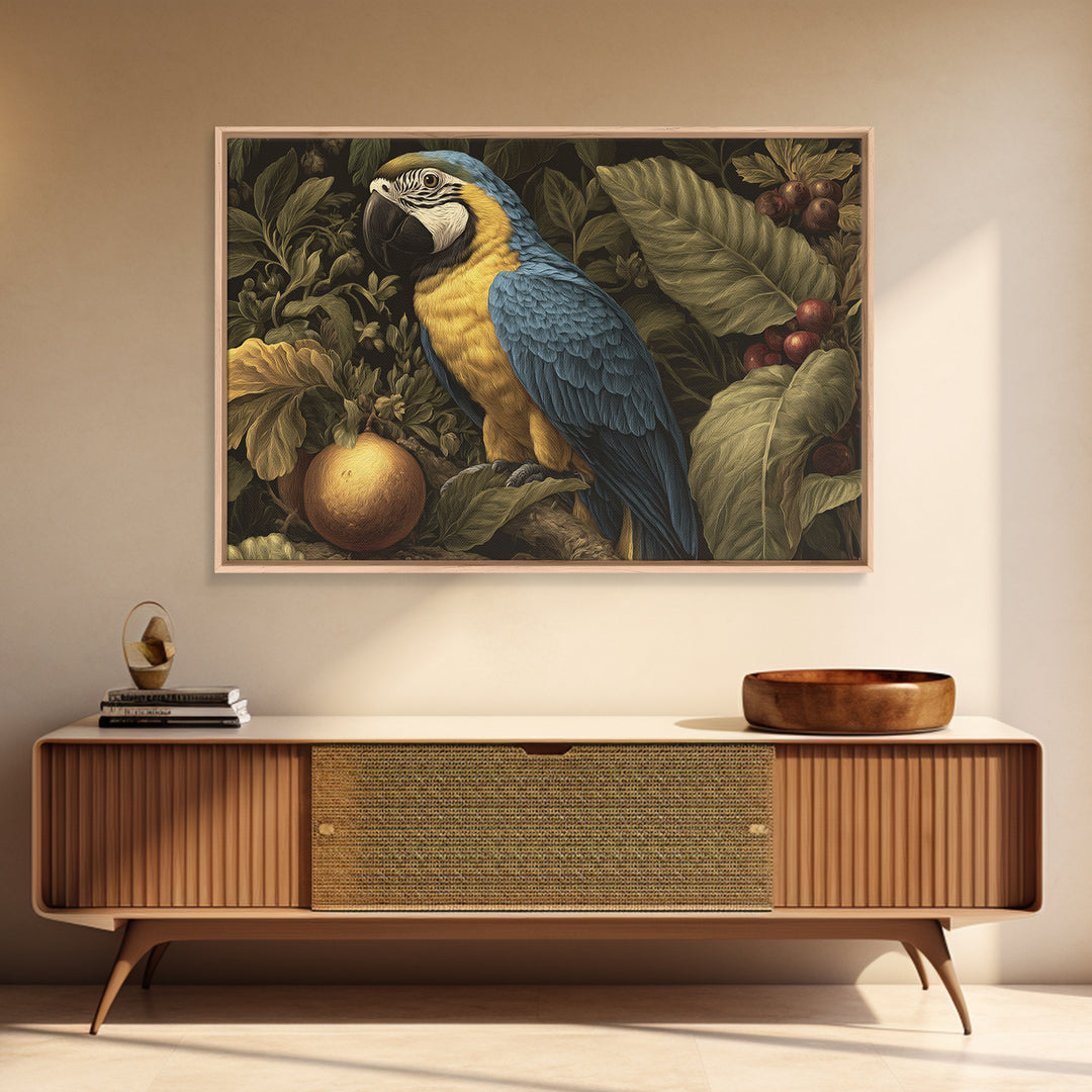 Parrot Among Tropical Leaves and Fruit Framed Canvas Print, Bird Art, Digital Download Art, Living Room Decor, Watercolor Art, BIR-3x2-65