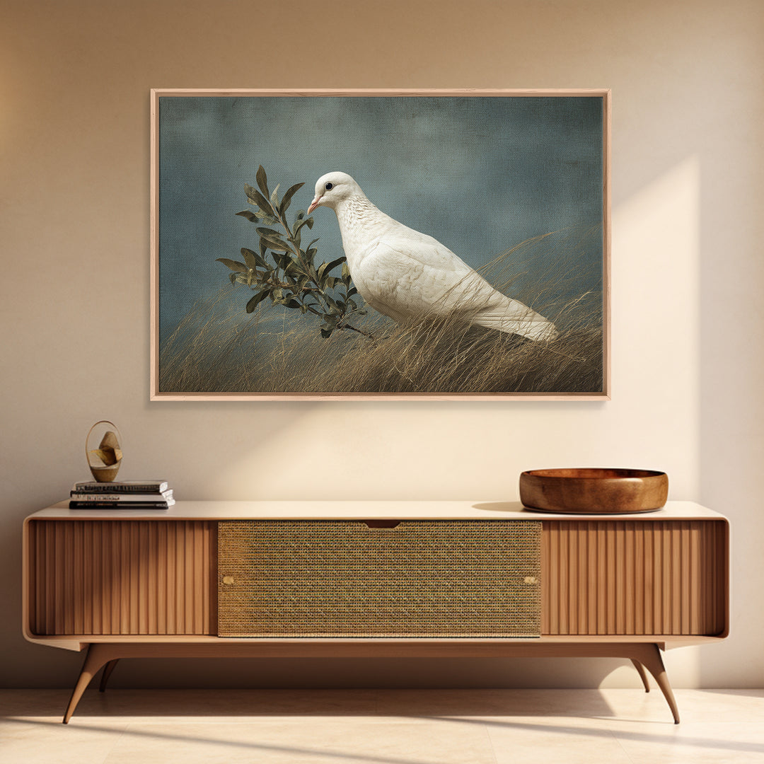 White Dove with Olive Branch and Calm Canvas Print, Bird Art, Neutral Decor, Living Room Decor, Oil Painting, Flight, BIR-3x2-68