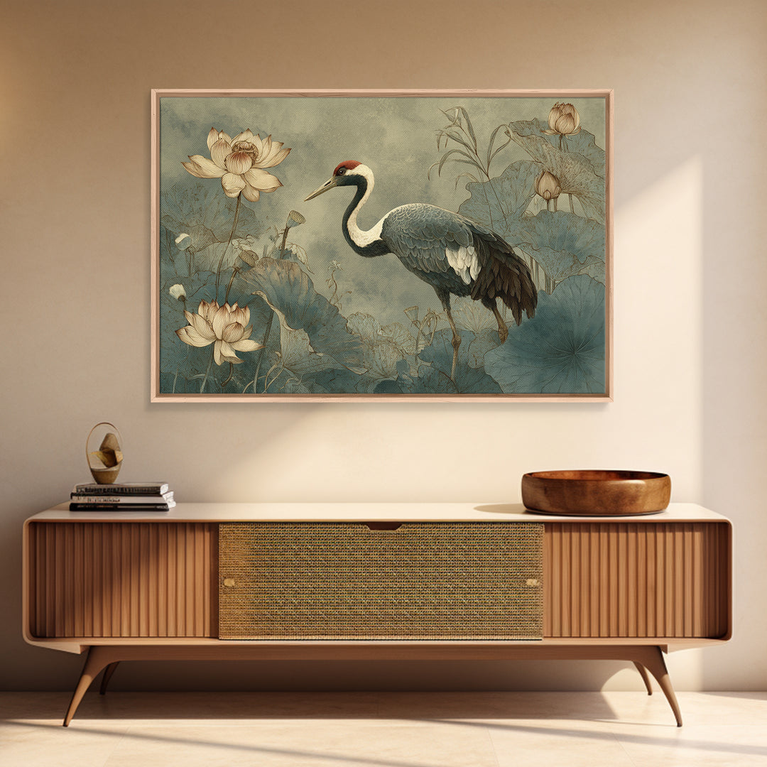 Crane and Lotus Composition Framed Canvas Print, Bird Art, Nature Prints, Living Room Decor, Fine Art, Flight, Boho Decor, BIR-3x2-69