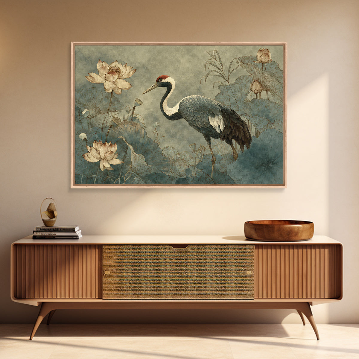 Crane and Lotus Composition Framed Canvas Print, Bird Art, Nature Prints, Living Room Decor, Fine Art, Flight, Boho Decor, BIR-3x2-69