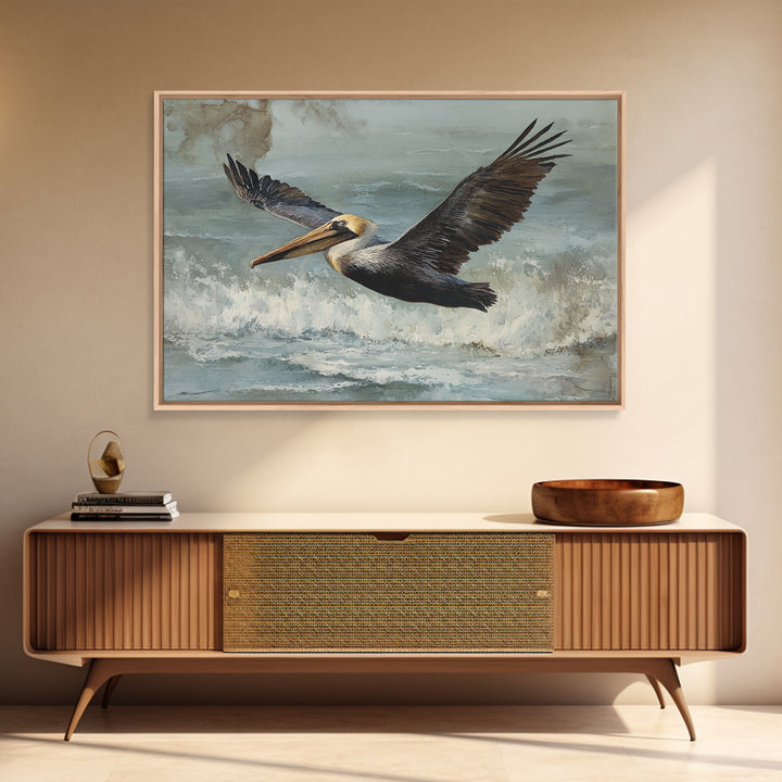 Pelican Flying over Coastal Waves Framed Canvas Print, Bird Art, Boho Wall Decor, Living Room Decor, Fine Art, Flight, BIR-3x2-70