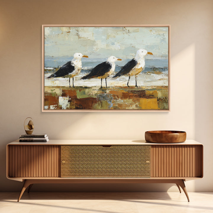 Seagulls Above a Pale Beach Horizon Canvas Print, Bird Art, Modern Decor, Living Room Decor, Fine Art, Flight, Home Decor, BIR-3x2-72
