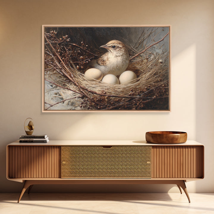 Bird Nest with Eggs and Delicate Twigs Framed Canvas Print, Bird Art, Living Room Decor, Oil Painting, Flight, BIR-3x2-74