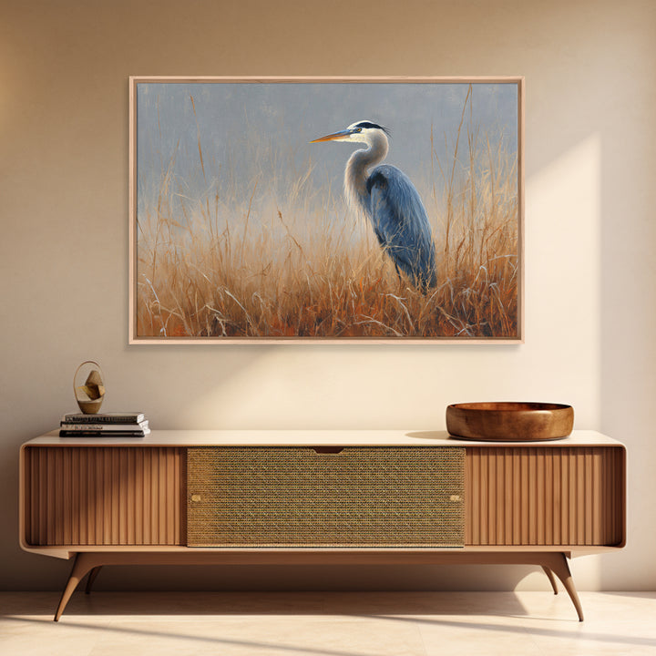 Blue Heron in Misty Marsh Grass Framed Canvas Print, Bird Art, Digital Download Art, Living Room Decor, Fine Art, Flight, BIR-3x2-78