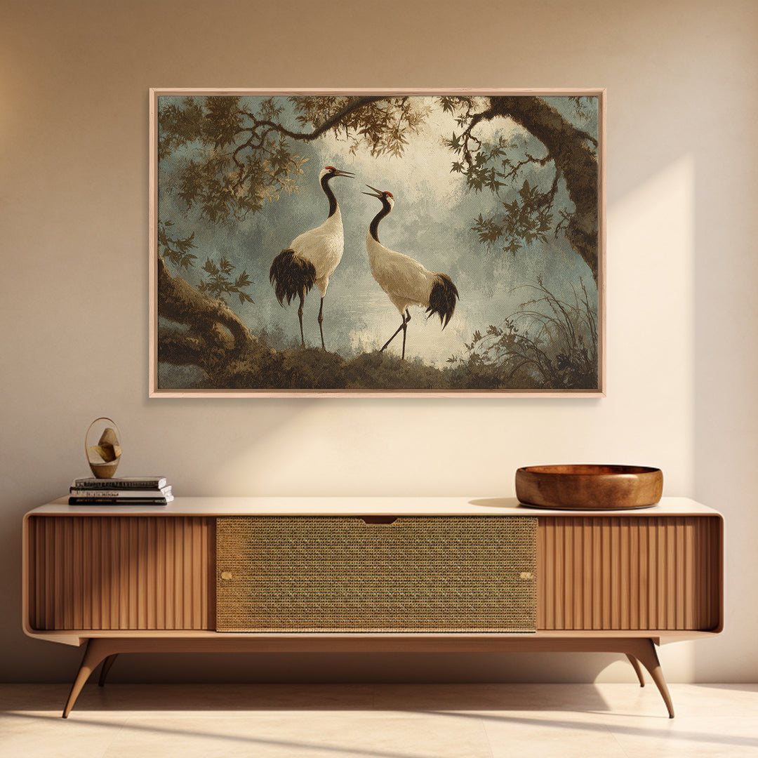 Pair of Cranes Dancing Framed Canvas Print, Bird Art, Bird Wall Art, Living Room Decor, Watercolor Art, Flight, Art Print, BIR-3x2-79