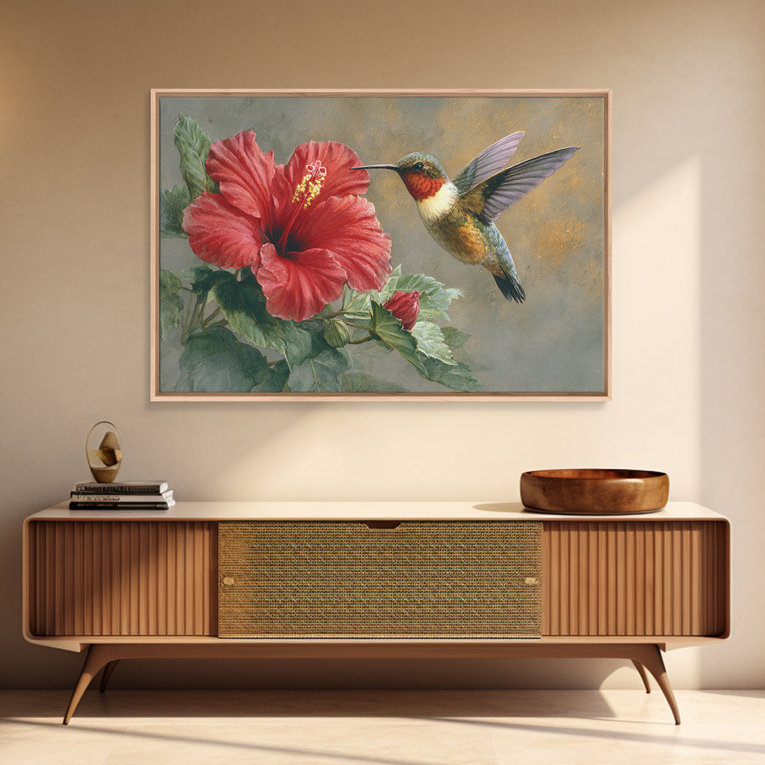 Hummingbird Hovering Beside Bright Hibiscus Framed Canvas Print, Bird Art, Watercolor Painting, Living Room Decor, Oil Painting, BIR-3x2-8