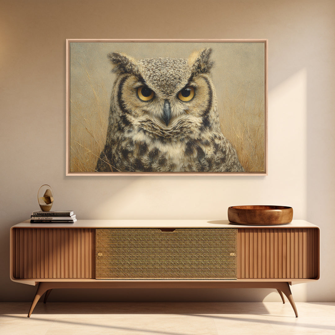 Owl Portrait with Wise Golden Eyes Framed Canvas Print, Bird Art, Bird Wall Art, Living Room Decor, Oil Painting, Flight, BIR-3x2-81