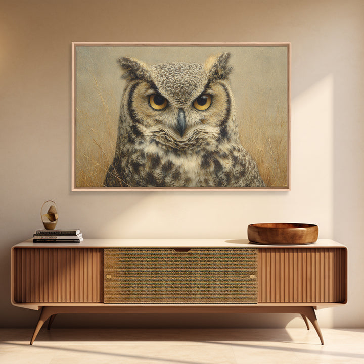 Owl Portrait with Wise Golden Eyes Framed Canvas Print, Bird Art, Bird Wall Art, Living Room Decor, Oil Painting, Flight, BIR-3x2-81