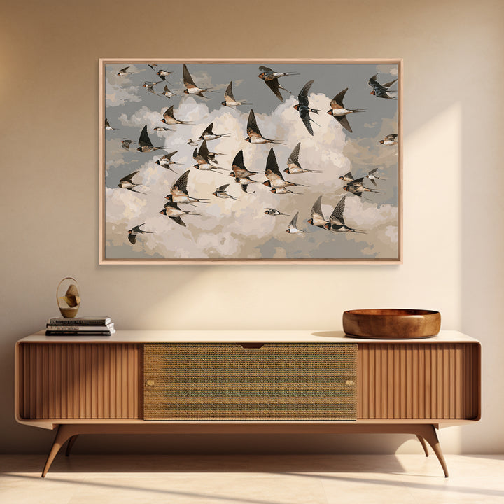 Flock of Swallows Sweeping Across Open Sky Framed Canvas Print, Bird Art, Nature Prints, Living Room Decor, Oil Painting, BIR-3x2-82