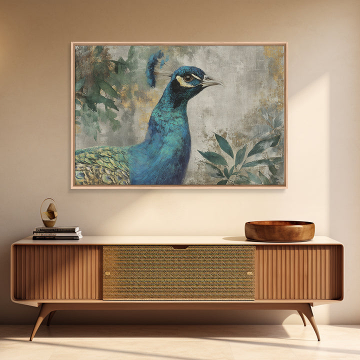 Peacock with Jewel Tone Feather Pattern Canvas Print, Bird Art, Wall Art, Living Room Decor, Flight, Japanese Wall Art, BIR-3x2-83
