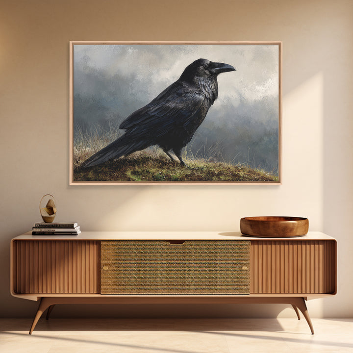 Raven Silhouette with Gothic Atmosphere Framed Canvas Print, Bird Art, Nature Wall Art, Living Room Decor, Fine Art, Flight, BIR-3x2-85