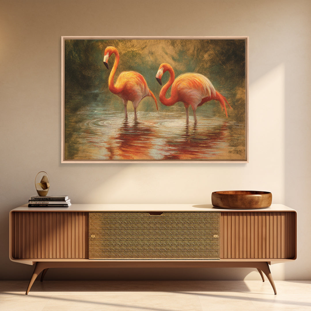 Flamingo Pair in Coral Water Reflections Framed Canvas Print, Bird Art, Gallery Wall, Living Room Decor, Fine Art, Flight, BIR-3x2-86