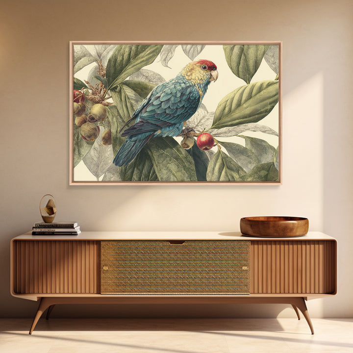Parrot Among Tropical Leaves and Fruit Canvas Print, Bird Art, Rustic Home Decor, Living Room Decor, Oil Painting, Flight, BIR-3x2-89