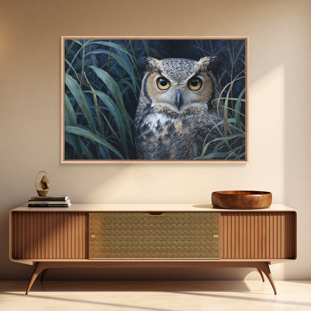 Owl Portrait with Wise Golden Eyes Framed Canvas Print, Bird Art, Boho Wall Decor, Living Room Decor, Fine Art, Flight, BIR-3x2-9
