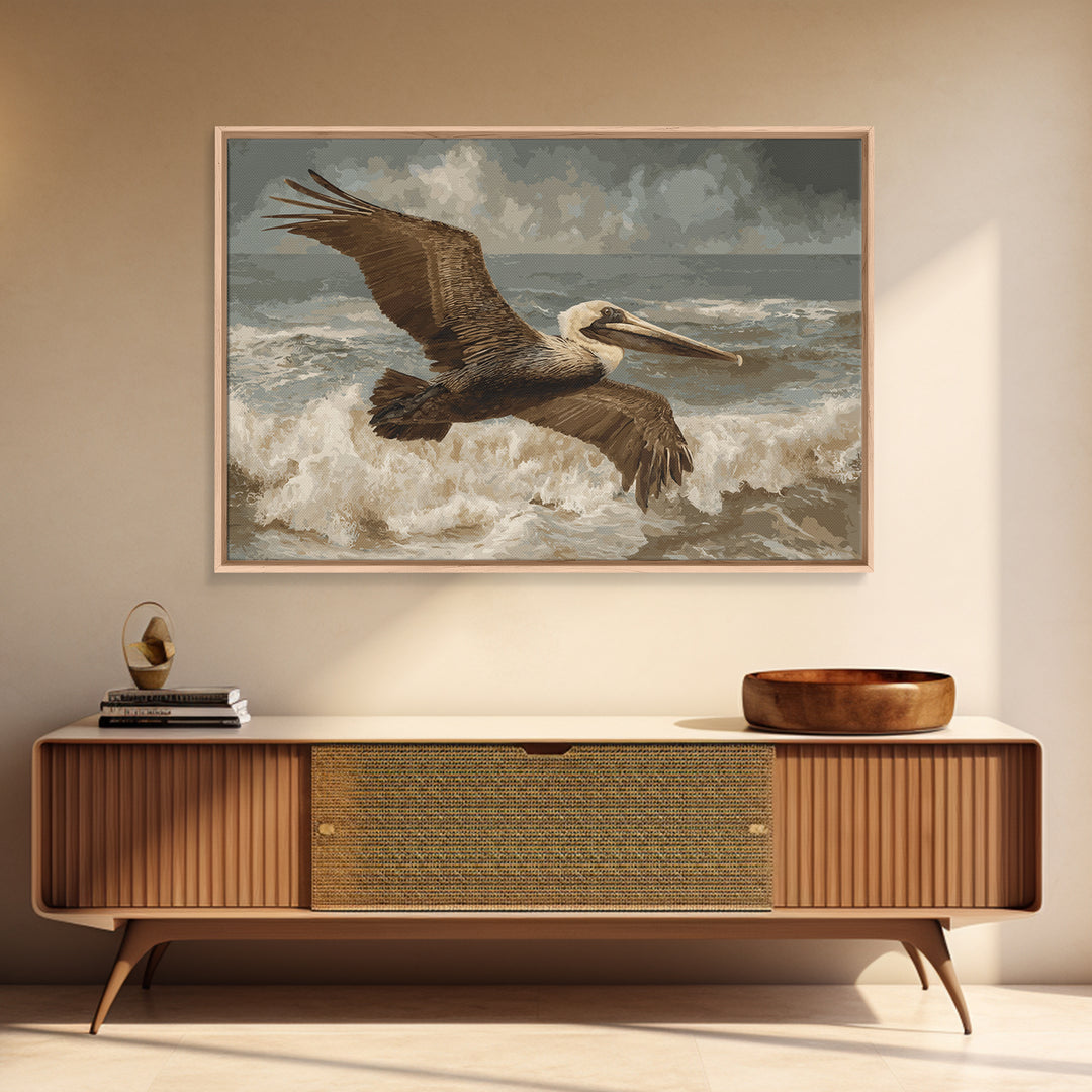 Pelican Flying over Coastal Waves Canvas Print, Bird Art, Bird Prints, Living Room Decor, Abstract Art, Flight, Modern Decor, BIR-3x2-94