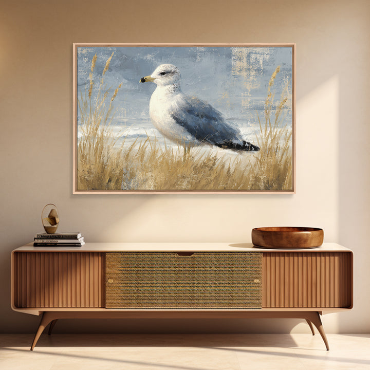 Seagulls Above a Pale Beach Horizon Framed Canvas Print, Bird Art, Art Print, Living Room Decor, Fine Art, Flight, Original Art, BIR-3x2-96