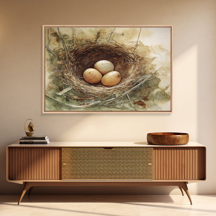 Bird Nest with Eggs and Delicate Twigs Canvas Print, Bird Art, Mid Century Wall Art, Living Room Decor, Fine Art, Flight, BIR-3x2-98