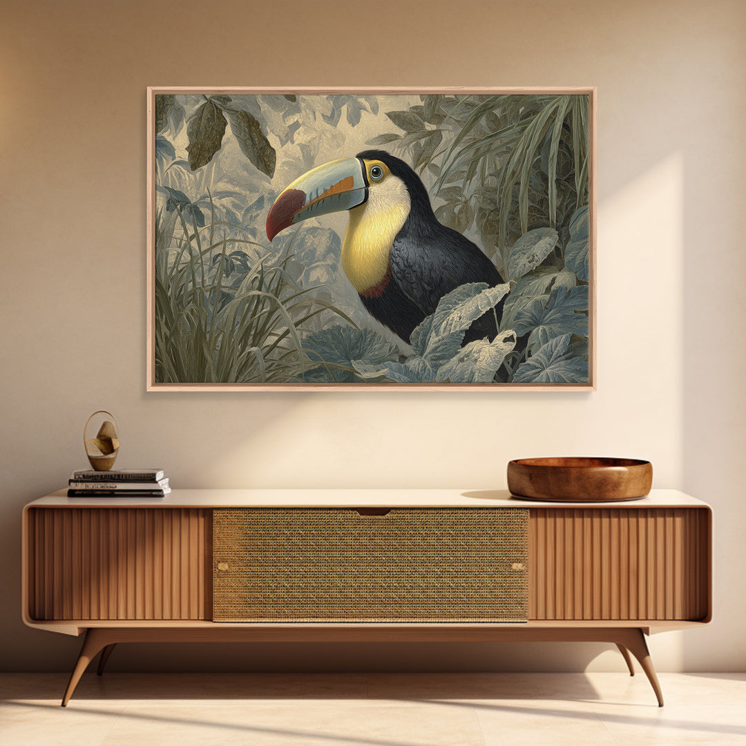 Toucan Framed by Bold Jungle Foliage Framed Canvas Print, Bird Art, Minimalist Decor, Living Room Decor, Fine Art, Flight, BIR-3x2-99
