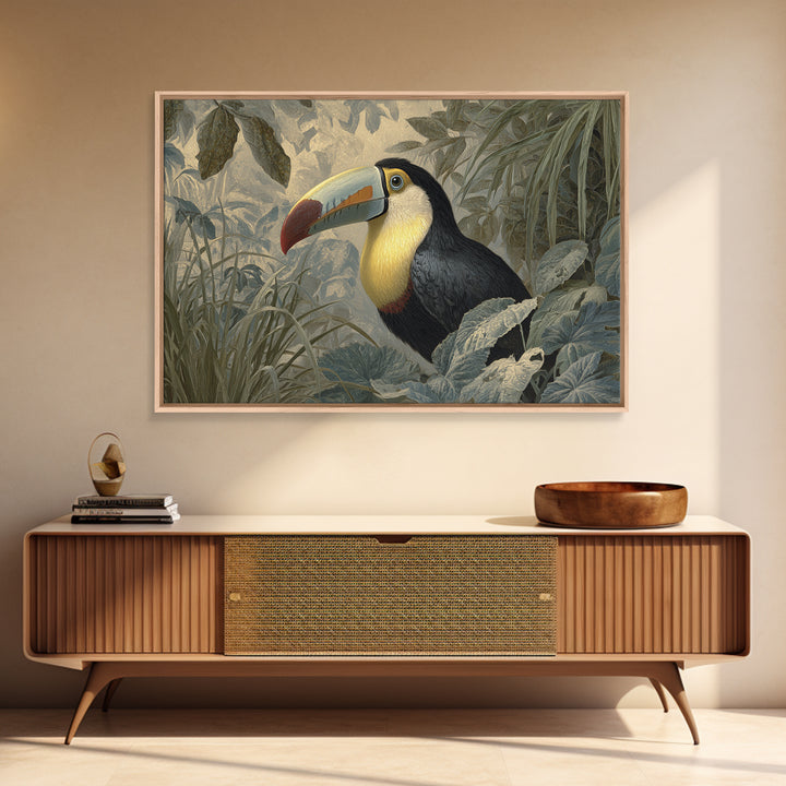 Toucan Framed by Bold Jungle Foliage Framed Canvas Print, Bird Art, Minimalist Decor, Living Room Decor, Fine Art, Flight, BIR-3x2-99