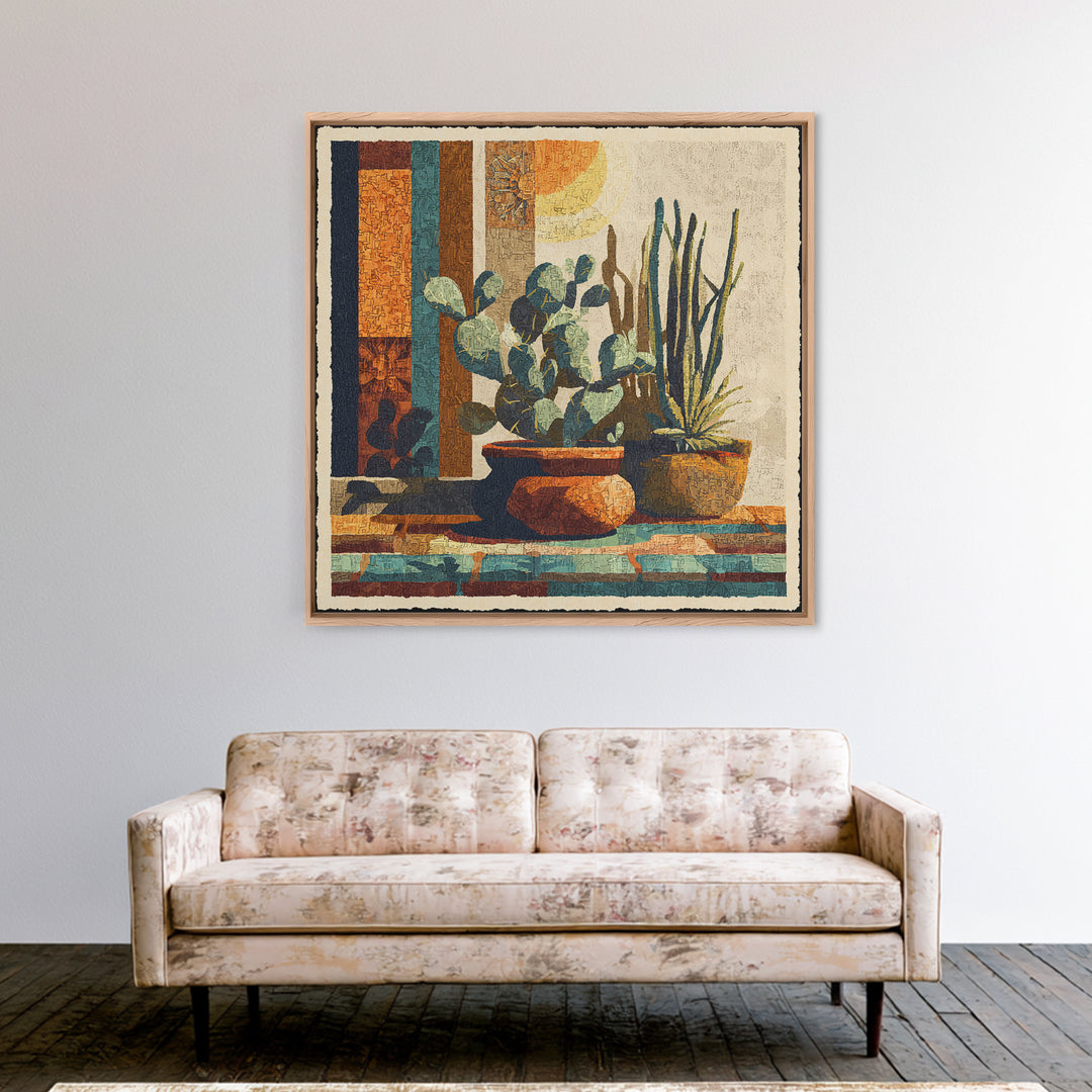 Desert Sun with Cactus and Warm Clay Framed Canvas Print, Boho Art, Textured Painting, Living Room Decor, Fine Art, Bohemian, BOH-1x1-1