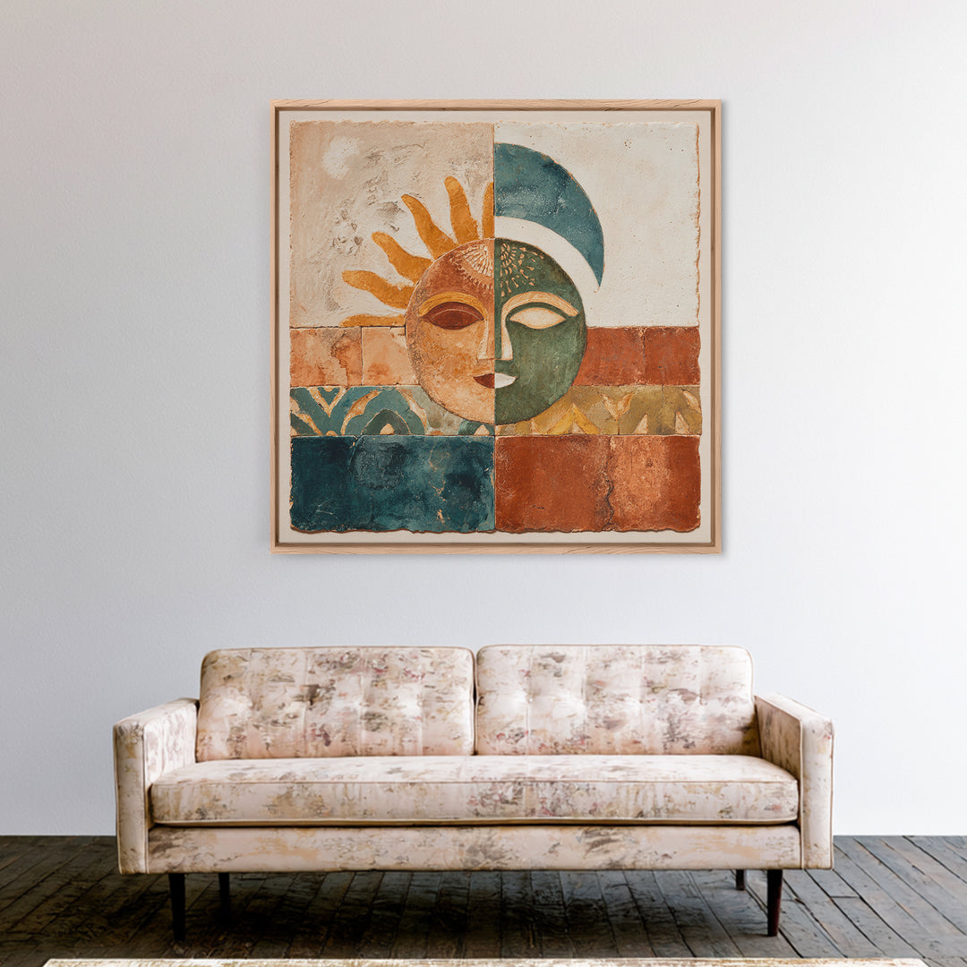 Sun and Moon Celestial Folk Motif Canvas Print, Boho Art, Wall Print, Living Room Decor, Fine Art, Bohemian, Minimalist Decor, BOH-1x1-10
